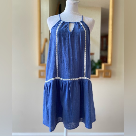 Sage Dresses & Skirts - SAGE the Label Blue Halter Mini Dress White Ric Rac Trim Keyhole Neck Small